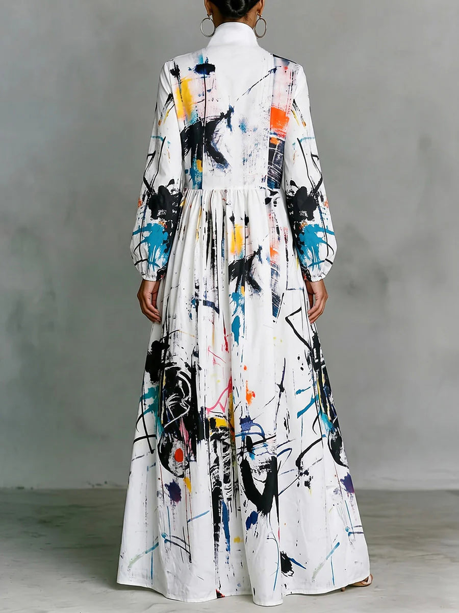Vestido Maxi Camisero Estampado Con Bolsillos Y Cuello Mao