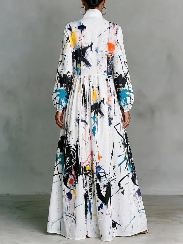 Vestido Maxi Camisero Estampado Con Bolsillos Y Cuello Mao