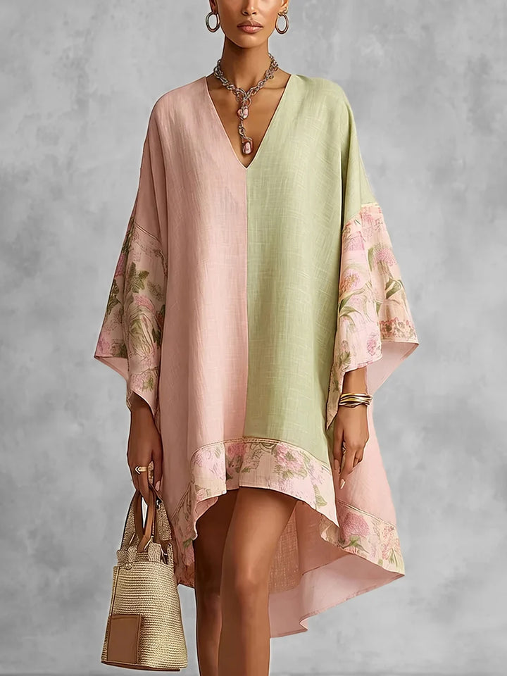 Vestido Midi Floral Suelto Con Manga Tres Cuartos Y Colores Contrastantes