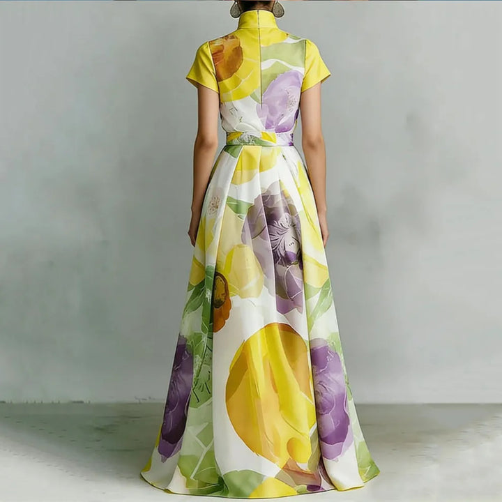 Vestido Maxi Floral de Férias com Gola Mandarin