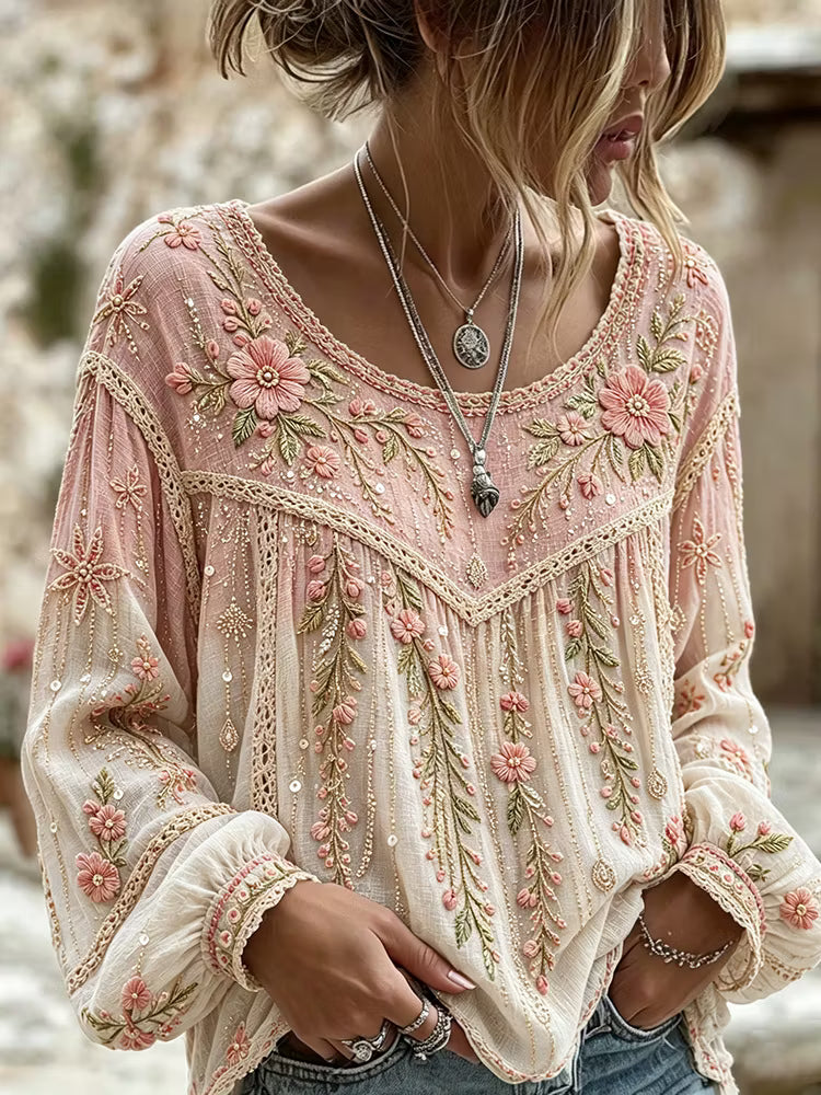 Blusa Manga Larga Cuello Redondo Con Bordado Floral De Rosas Vintage En Mezcla De Lino