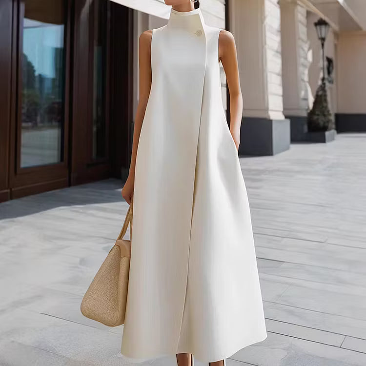 Vestido Midi Elegante Sin Mangas Con Cuello Mao Y Color Sólido