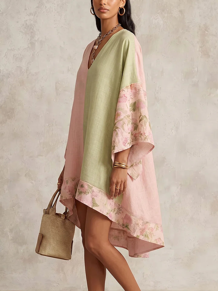 Vestido Midi Floral Suelto Con Manga Tres Cuartos Y Colores Contrastantes