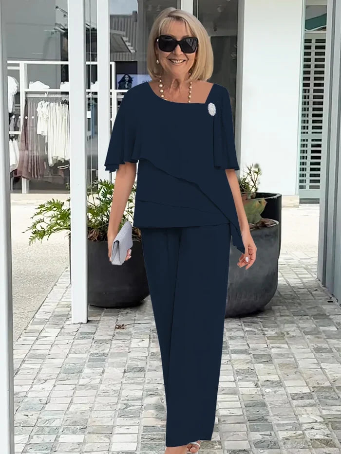 CONJUNTO FEMENINO TOP EN CAPAS ASIMETRICO Y PANTALON DE PIERNA ANCHA - LOOK ELEGANTE PARA NOCHE