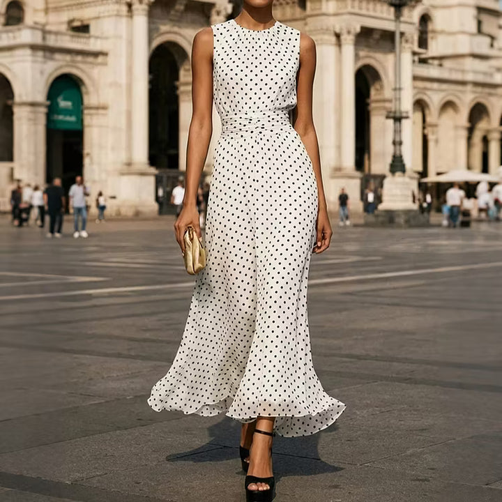 Vestido Elegante Sin Mangas Con Lunares De Estilo Francés Hasta El Tobillo