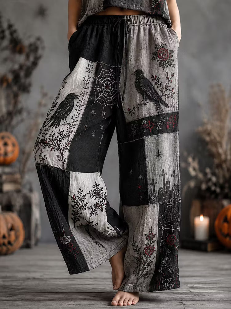 Halloween Color Block Long Pants - Pink, Crow, and Spiderweb Print