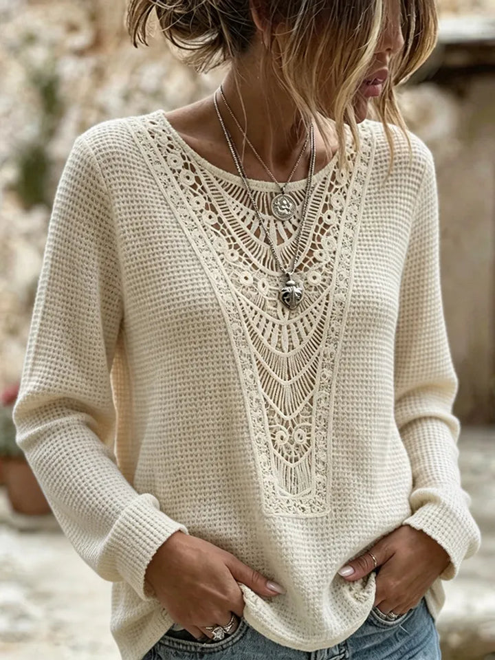 Top De Punto Gofrado Calado Con Encaje De Ganchillo Estilo Boho Para Mujer