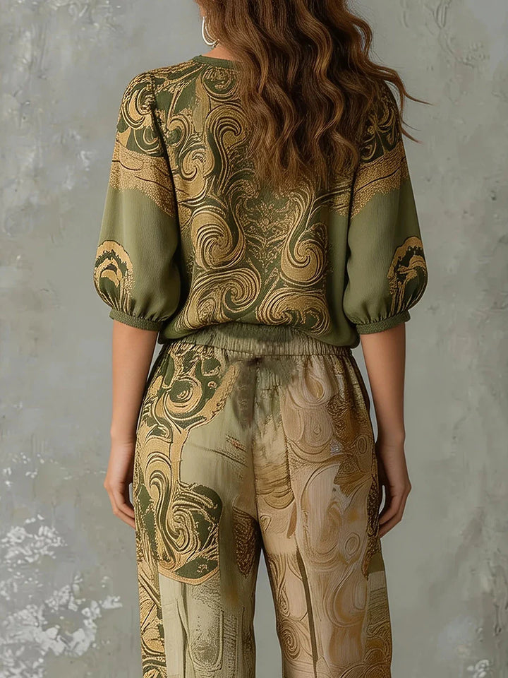Conjunto Dos Piezas - Blusa Manga Media Con Contraste De Color Y Estampado Cuello En V + Pantalón Cintura Alta Con Lazada Y Bolsillos