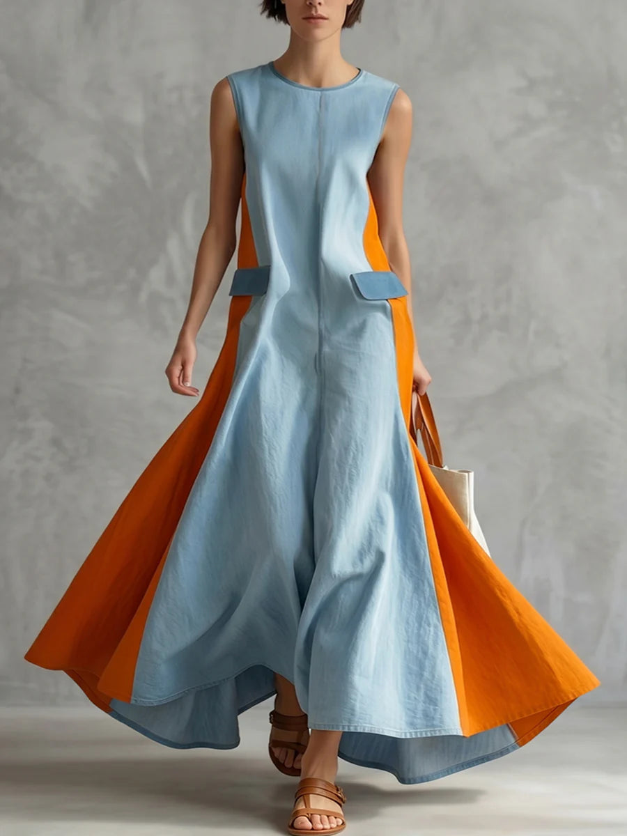Vestido Maxi Holgado Línea A Bicolor Con Abertura Frontal Y Cuello Redondo