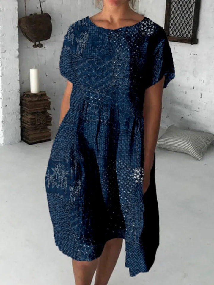 Vestido Midi De Lino Con Estampado Tradicional Japonés Sashiko