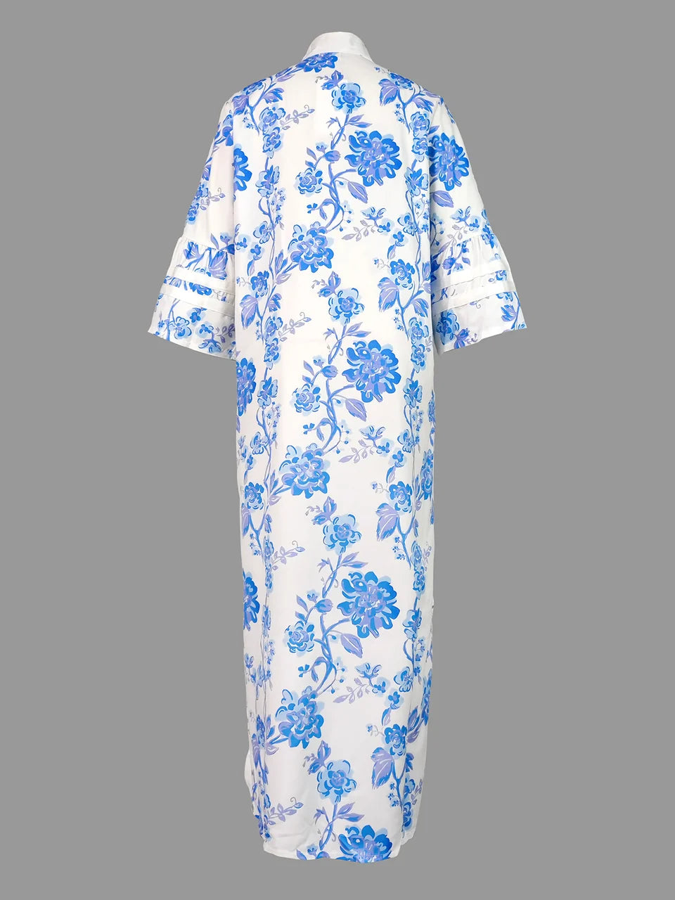 VESTIDO MIDI FLORAL FOLGADO DE MANGA COMPRIDA COM DECOTE EM V PROFUNDO E ABERTURA LATERAL