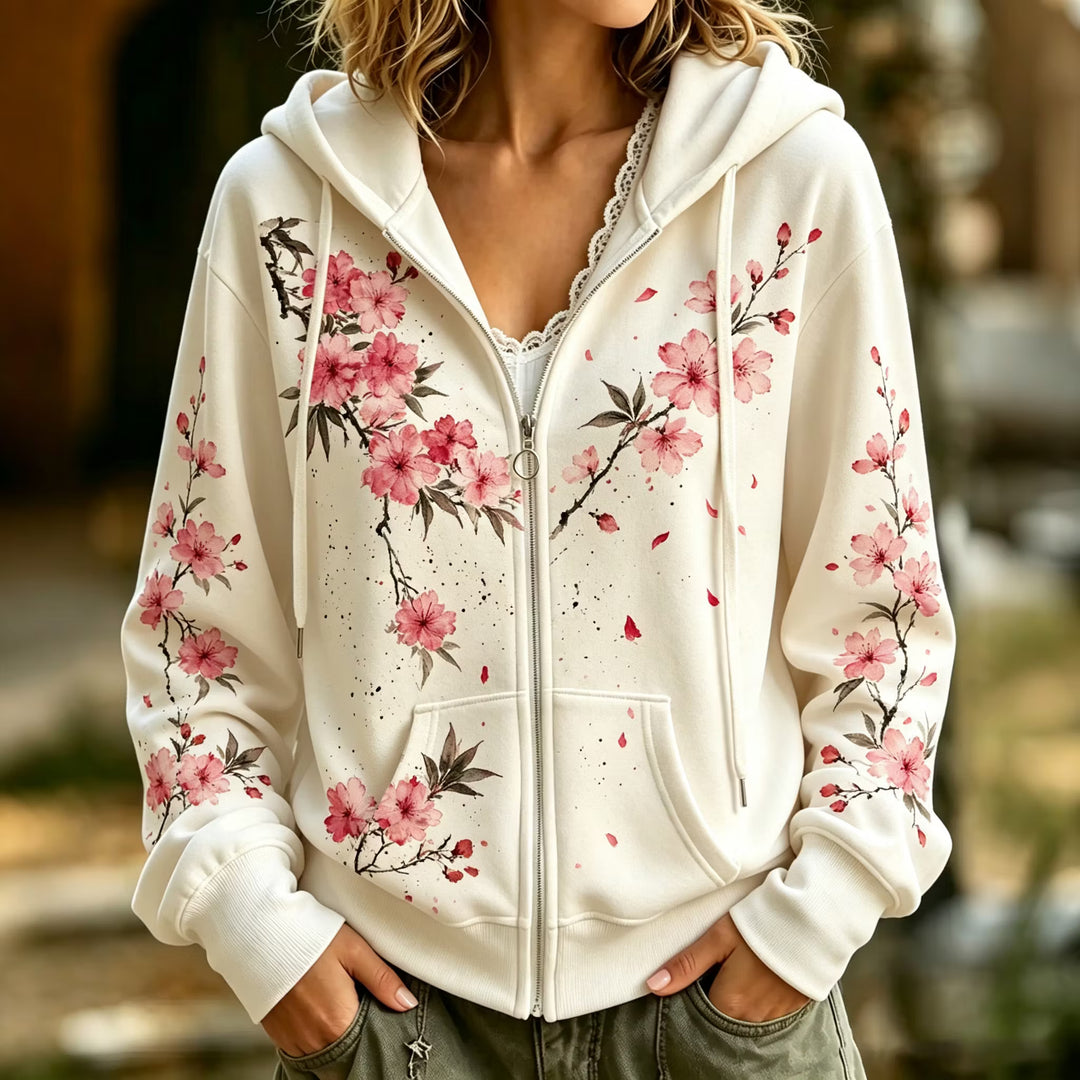 Sudadera Con Capucha Y Cremallera Vintage - Estampado Floral Art Manga Caída
