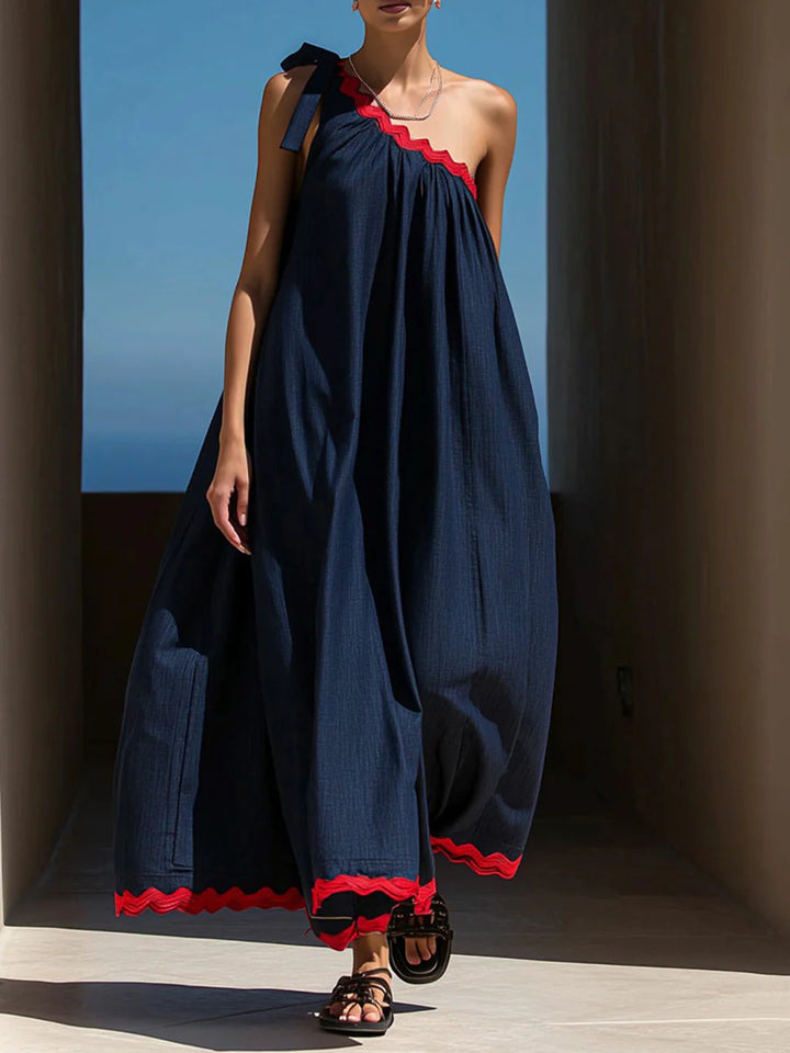 Vestido Maxi Holgado Corte En A Con Un Hombro, Plisado, Bolsillos, Lazo Y Empalme