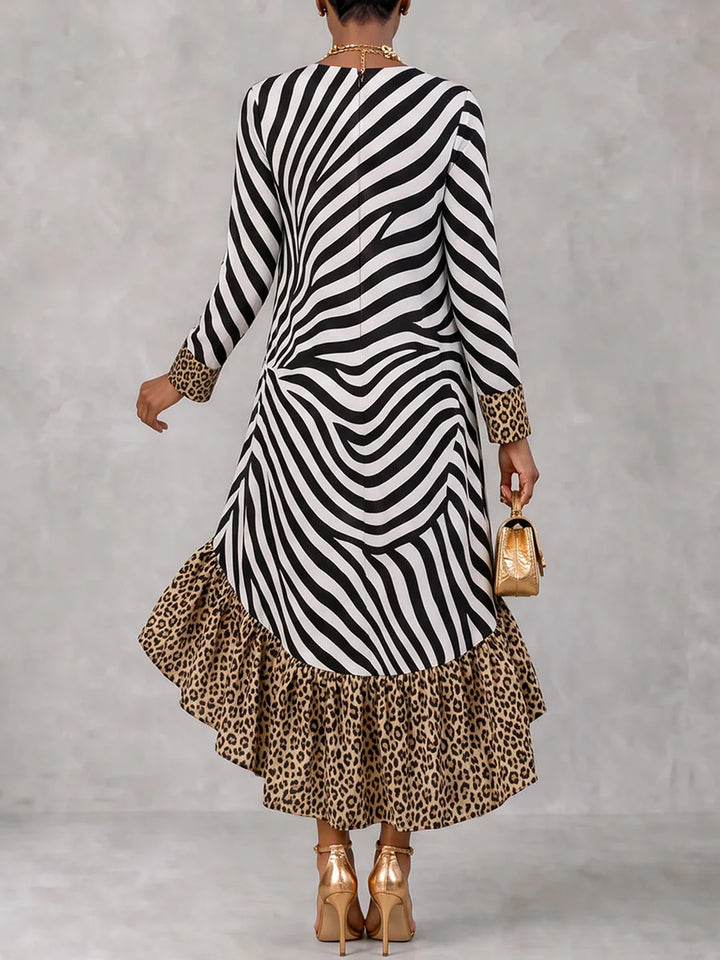 Vestido Midi Con Estampado De Leopardo, Cremállera, Abertura, Volantes Y Escote En V Asimétrico