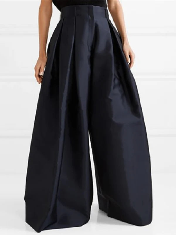 Pantalones sueltos cintura alta plisados color sólido pernera ancha