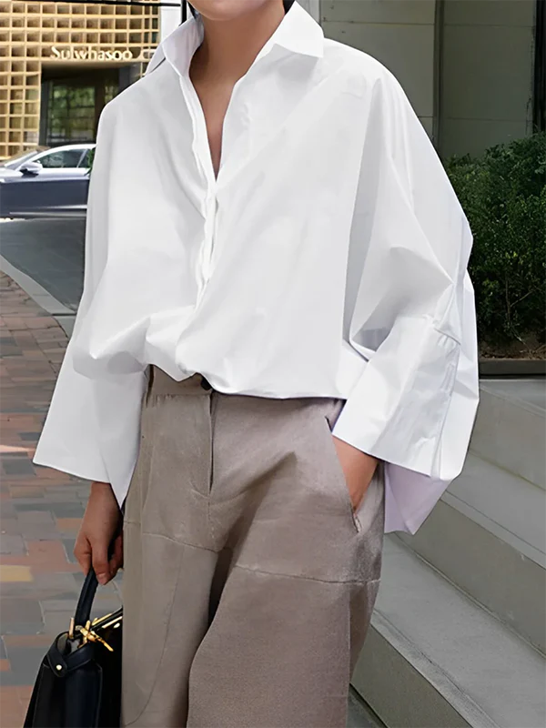 Blusa De Manga Larga Suelta Con Cuello Solapa - Colores Lisos