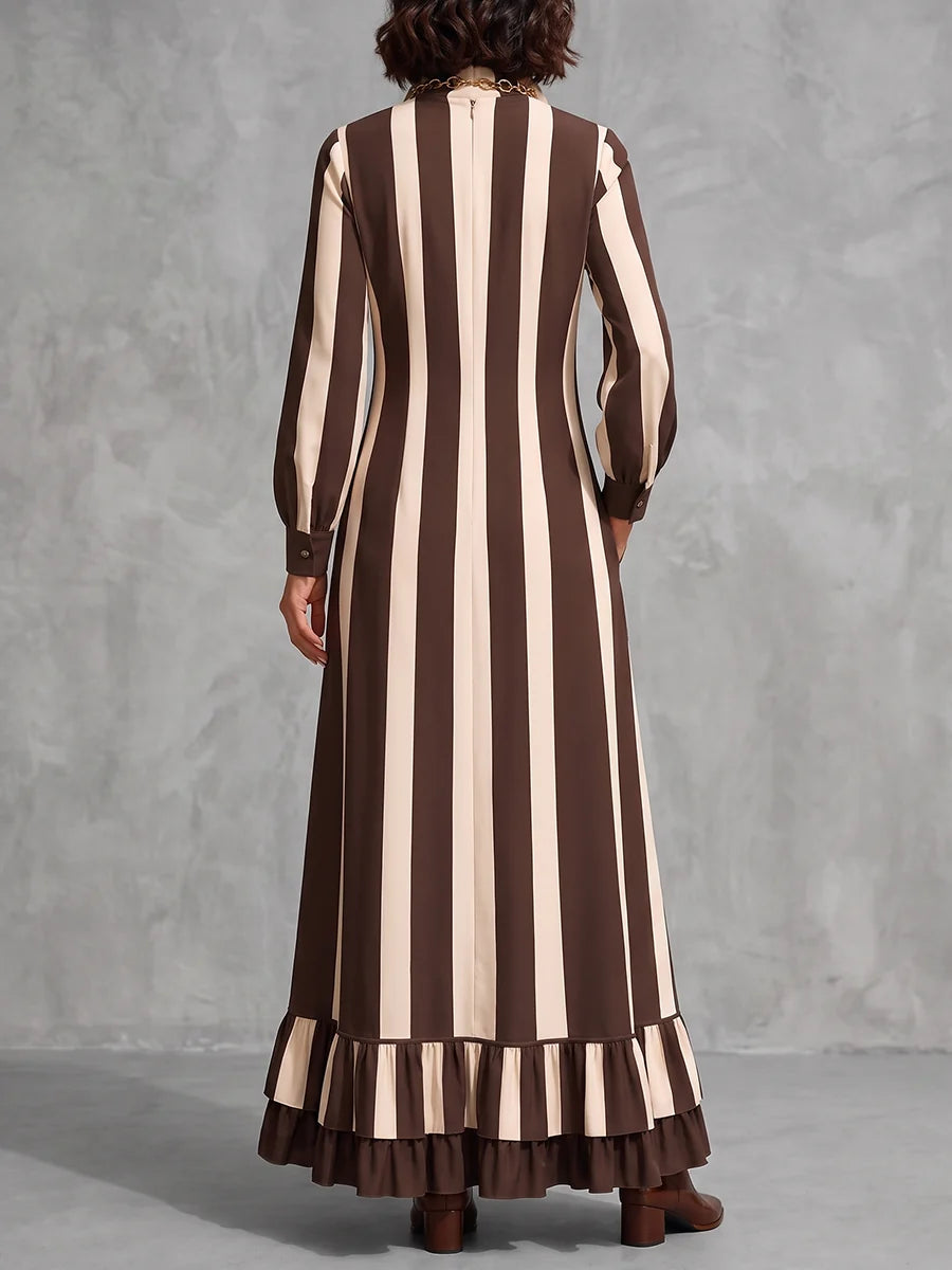 Vestido Maxi Con Cremállera, Bolsillos A Rayas Con Volantes, Manga Larga Suelta En Color Contrastante Y Cuello Alto
