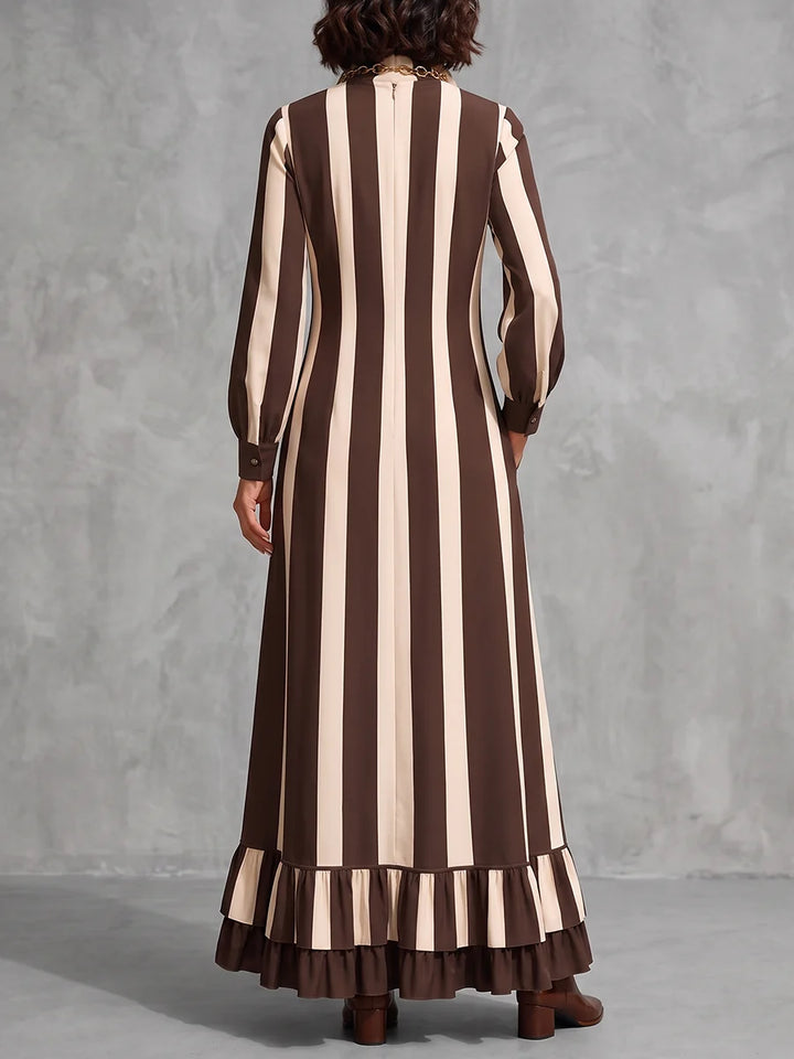 Vestido Maxi Con Cremállera, Bolsillos A Rayas Con Volantes, Manga Larga Suelta En Color Contrastante Y Cuello Alto
