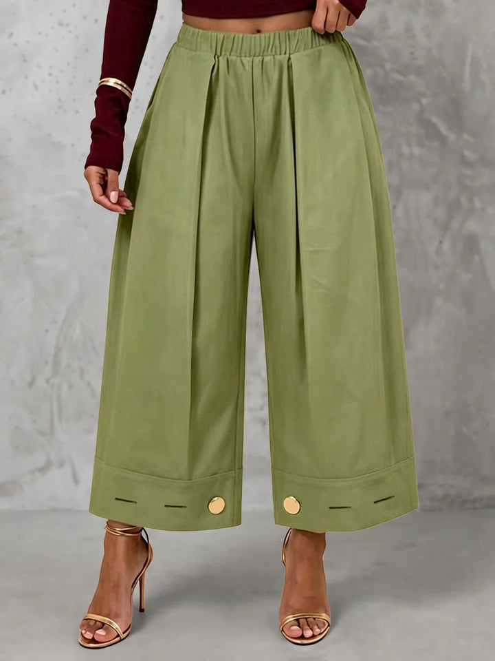 Pantalón De Pierna Ancha Con Bolsillos, Pliegues, Elástico Y Botones En Color Sólido