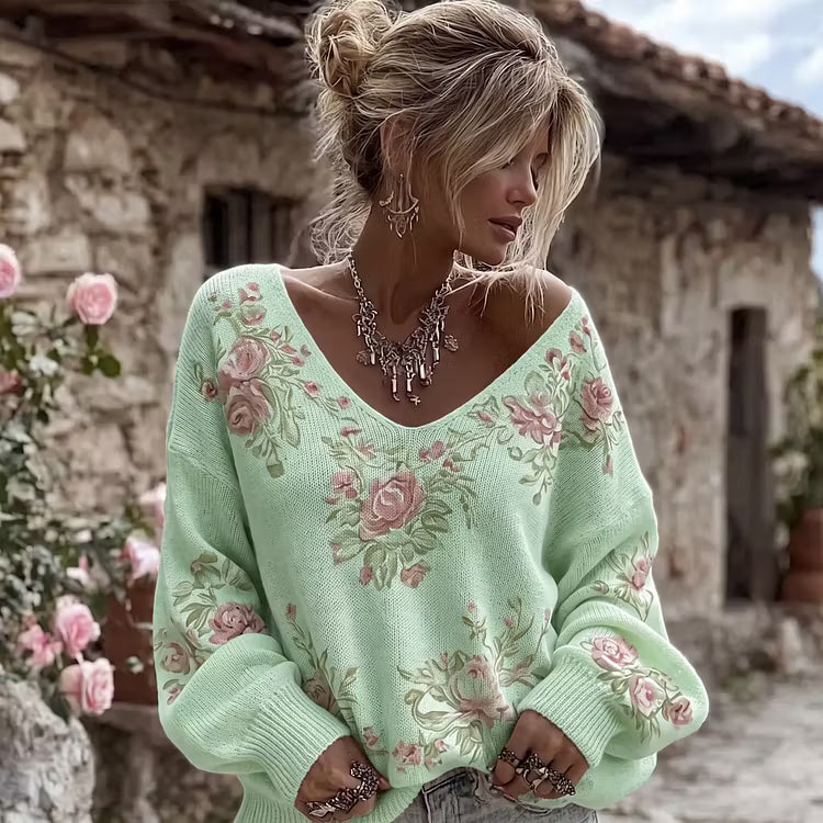 Suéter De Punto Con Cuello En V Y Estampado Floral De Rosas Vintage
