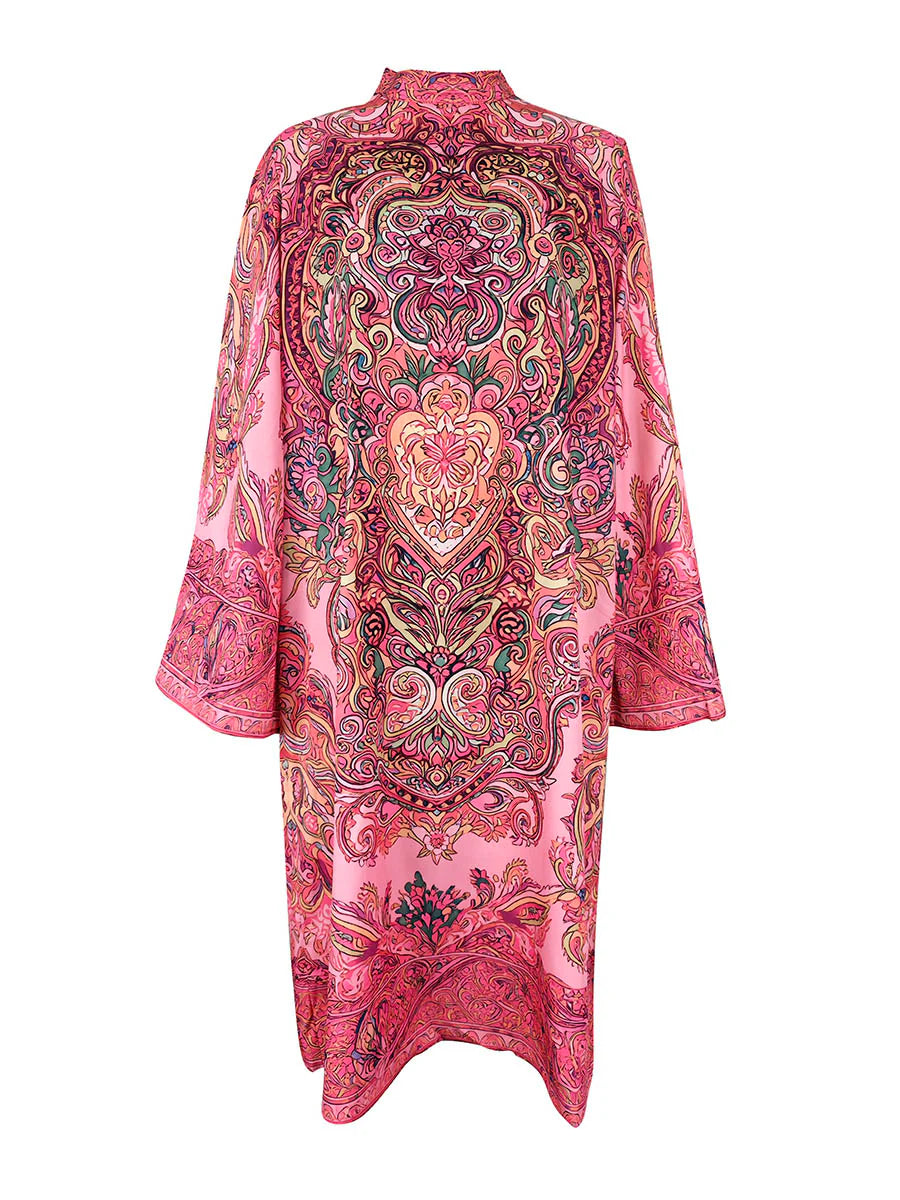 Vestido Midi Holgado De Manga Larga Con Estampado En Contraste Y Cuello Simulado