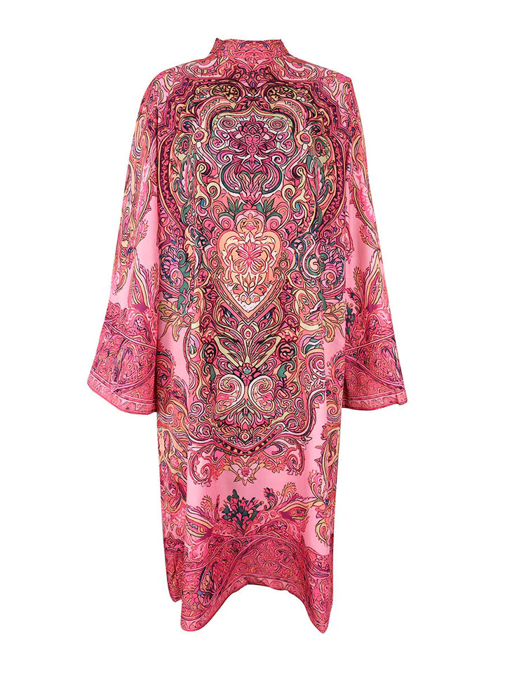 Vestido Midi Holgado De Manga Larga Con Estampado En Contraste Y Cuello Simulado