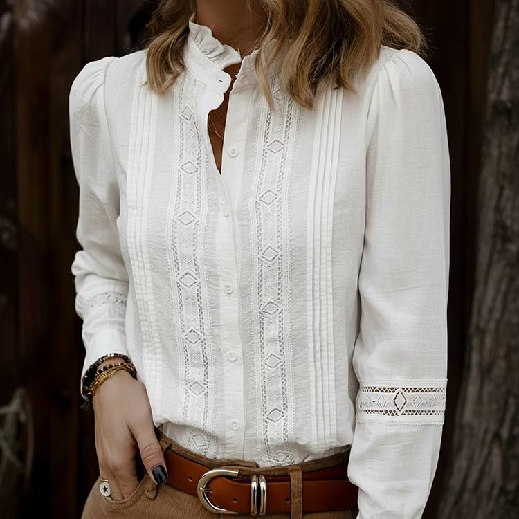 Blusa Elegante De Viscosa Con Encaje Floral Cuello Alto Y Botones Manga Larga