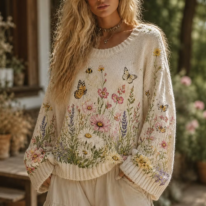 Jersey De Punto Cuello Redondo Vintage - Estampado Patchwork Floral Pequeño Y Encaje Art