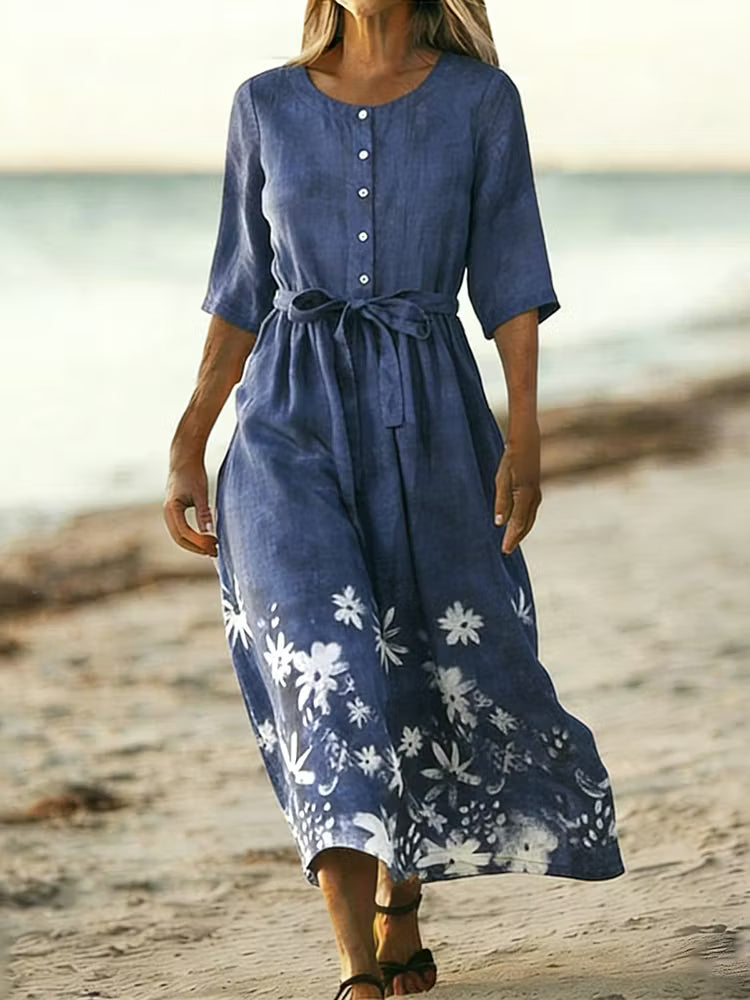 VESTIDO FEMENINO DE MANGA CORTA EN LINO MIXTO CON ESTAMPADO FLORAL