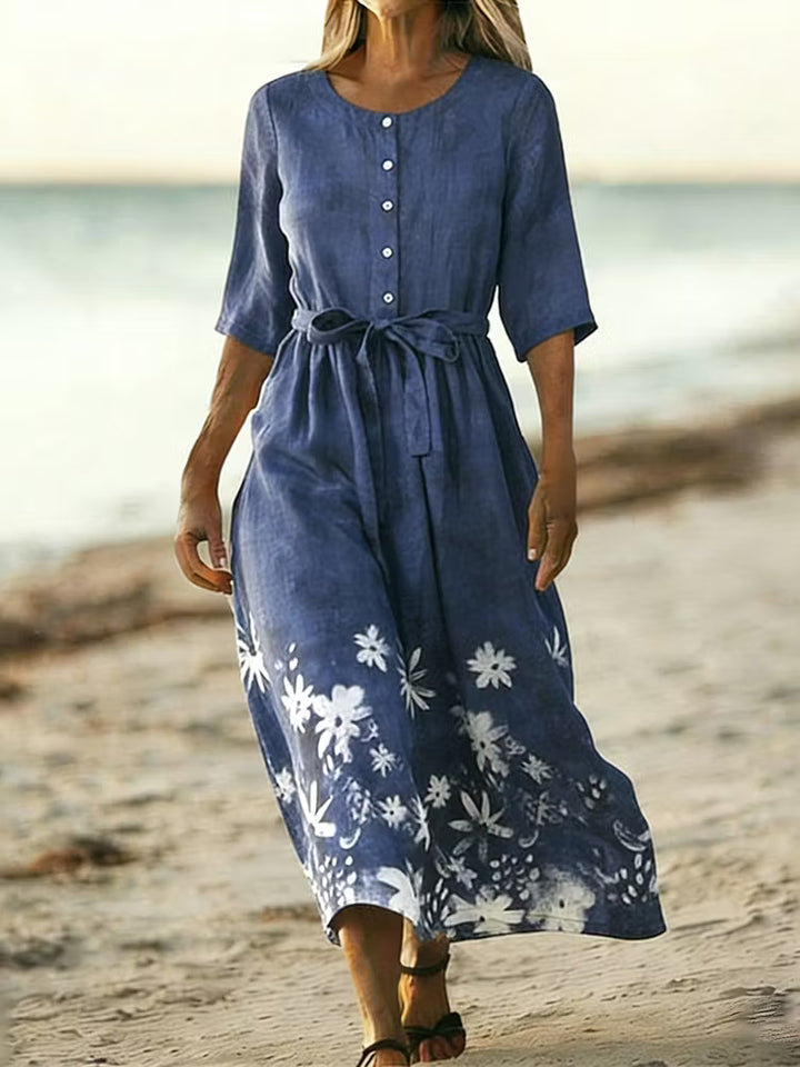 VESTIDO FEMENINO DE MANGA CORTA EN LINO MIXTO CON ESTAMPADO FLORAL