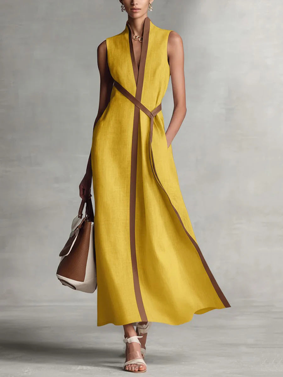 Vestido maxi suelto sin mangas cuello redondo bolsillos color contrastante