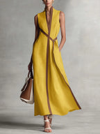 Vestido maxi suelto sin mangas cuello redondo bolsillos color contrastante