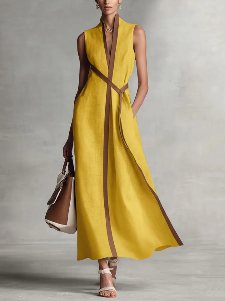 Vestido Maxi Solto Sem Mangas Gola Redonda Bolsos Cor Contrastante