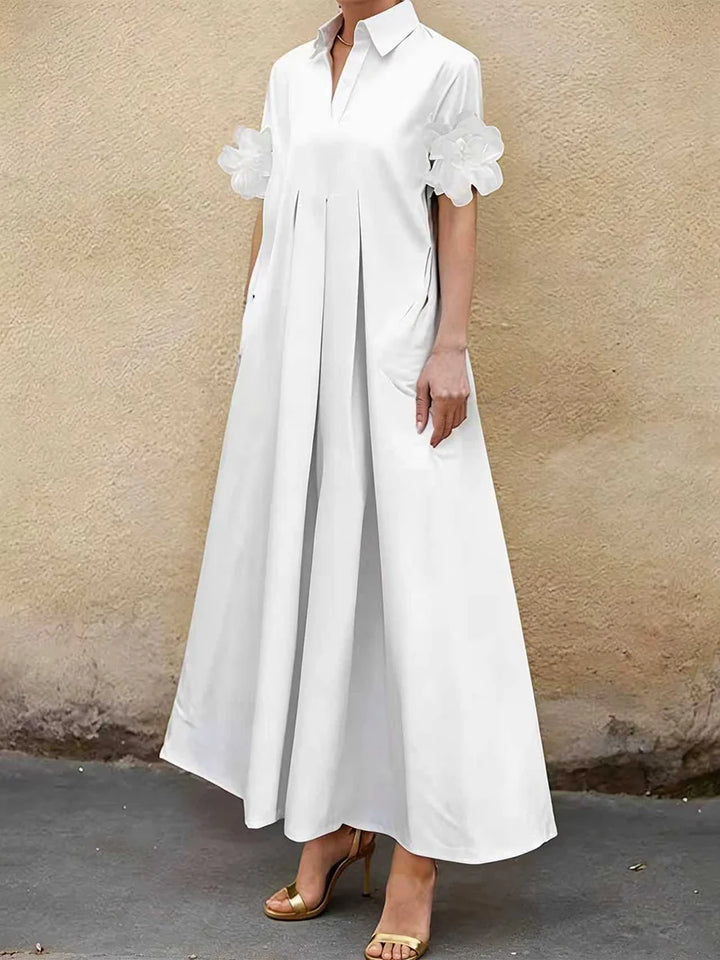 Vestido Maxi Camisero Suelto Plisado Con Solapa Y Corte En A En Color Sólido