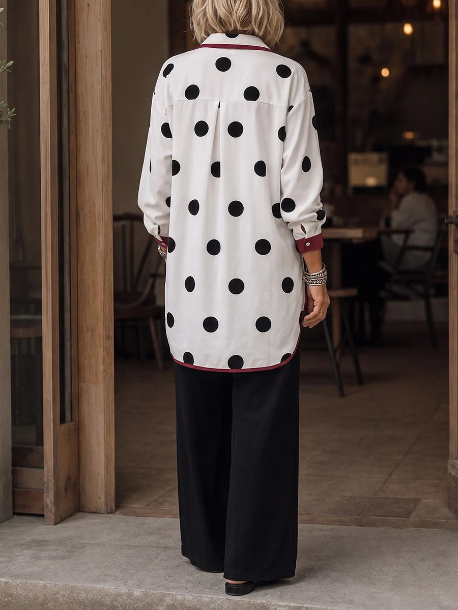 Blusa De Manga Larga Con Solapa, Botones Y Estampado De Lunares Contrastantes