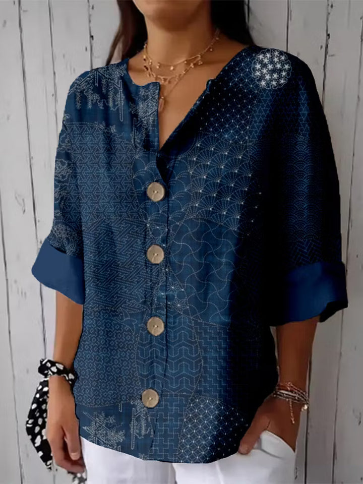 TÚNICA DE LINO CÓMODA CON ARTE TRADICIONAL JAPONESA SASHIKO