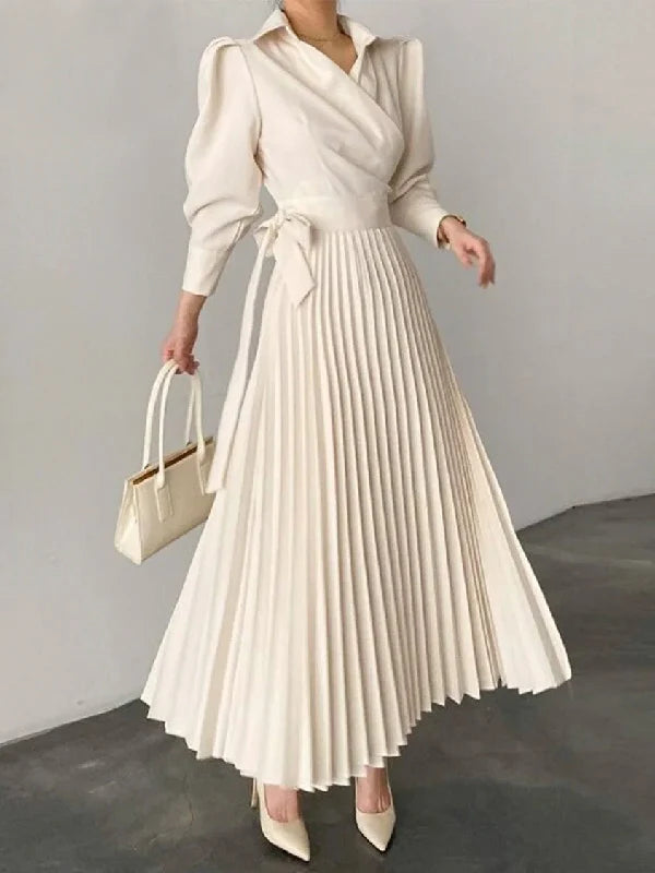 Vestido Maxi Camisero Asimétrico Plisado Con Solapa En Color Sólido