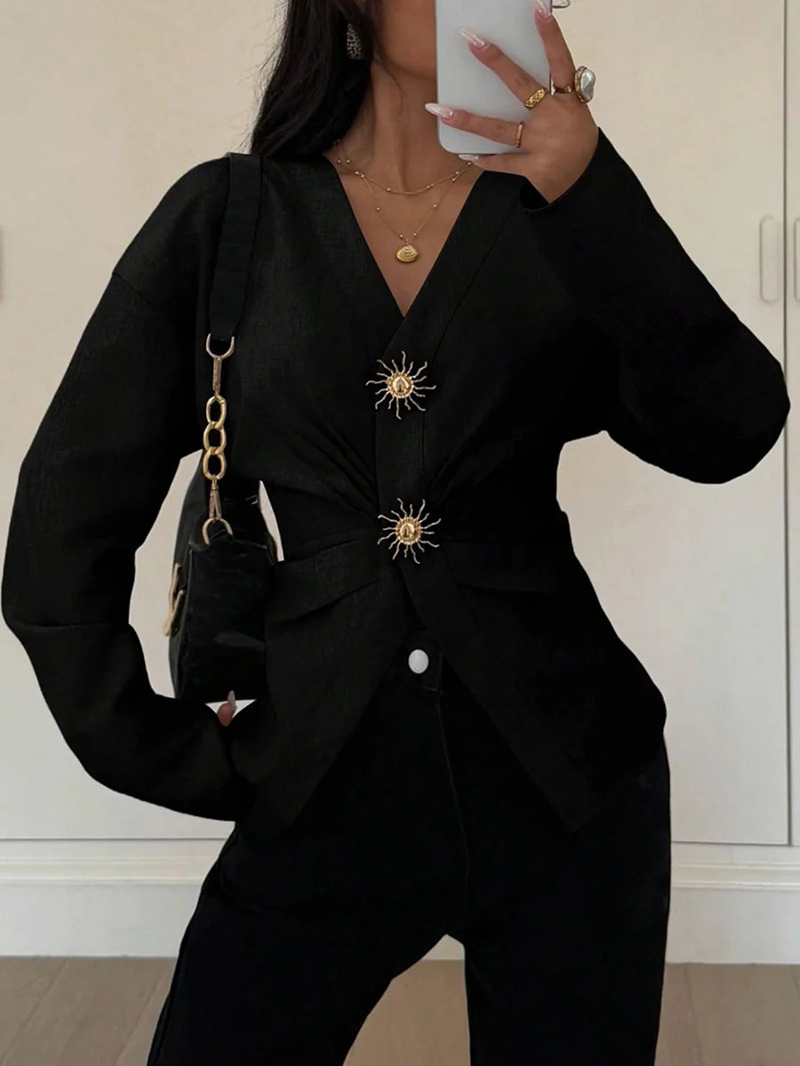 Blusa de Manga Comprida Franzida em Camadas com Gola em V