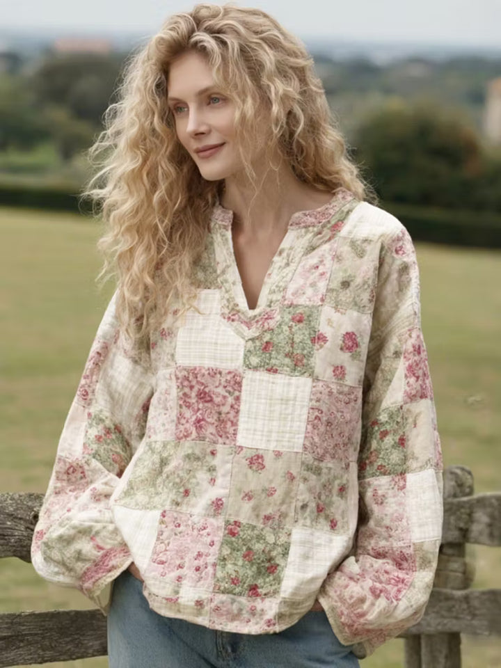 Women's Linen Retro Floral Print V-Neck Shirt