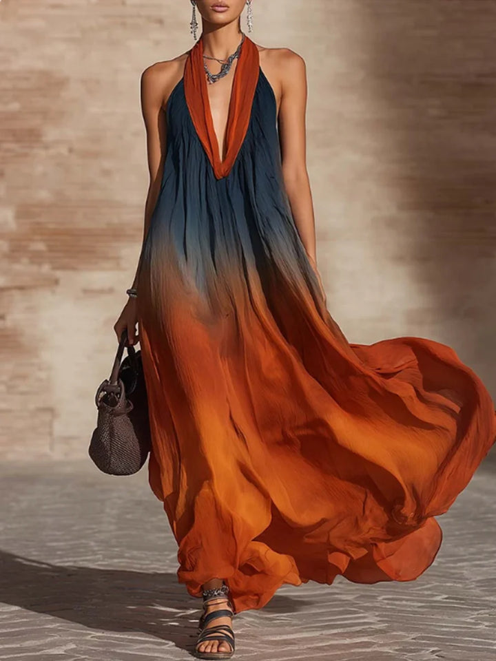Vestido Maxi Plisado Sin Mangas Con Cuello Halter Y Color En Contraste