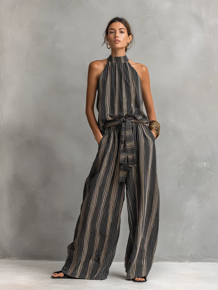 CONJUNTO ELEGANTE DE RAYAS - TOP SIN MANGAS CUELLO REDONDO Y PANTALÓN
