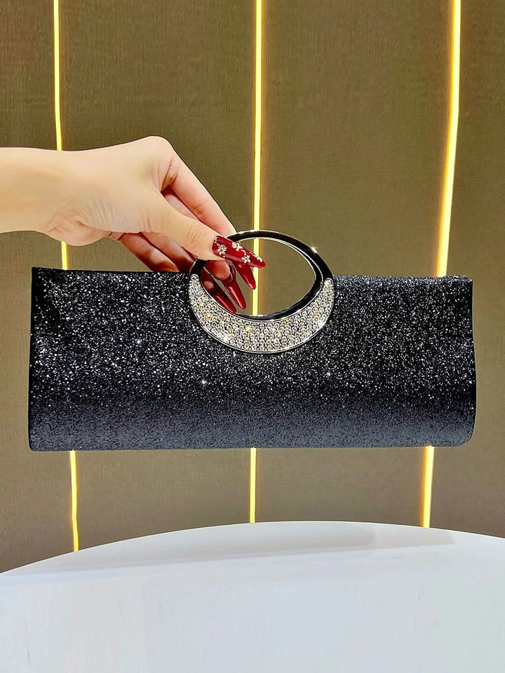 BOLSA DE NOITE COM LANTEJOULAS, STRASS E CORRENTE