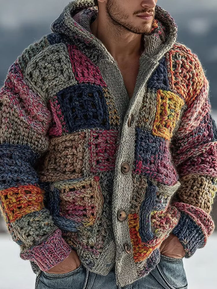 Men's Retro Geometric Knitted Hooded Button Sweater