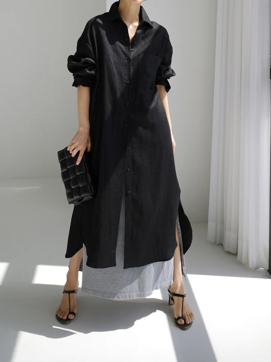 Vestido Maxi Camisero Con Solapa, Botones Y Bolsillos Laterales