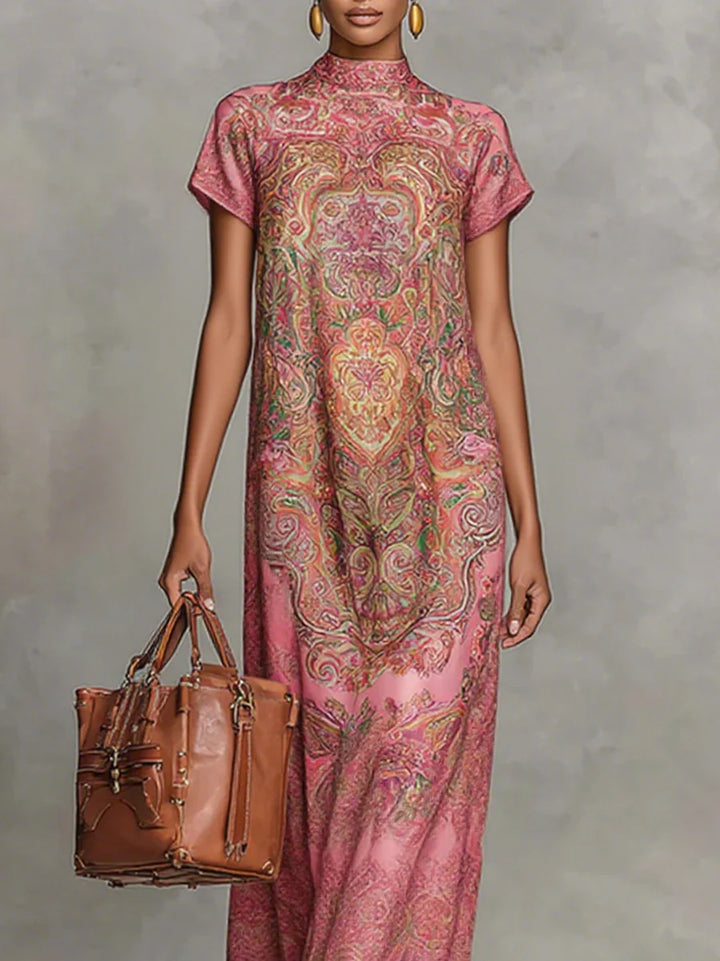 Vestido Maxi Holgado De Manga Corta Con Estampado Floral En Contraste Y Cuello Simulado