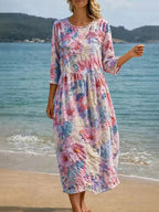Vestido casual de algodón y lino con estampado floral retro