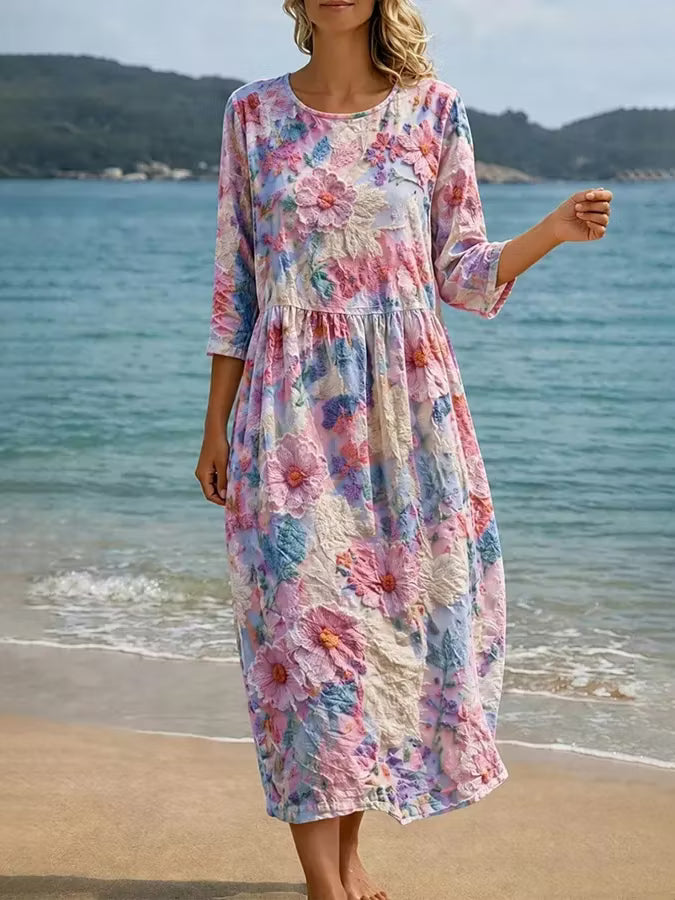 Vestido casual de algodón y lino con estampado floral retro