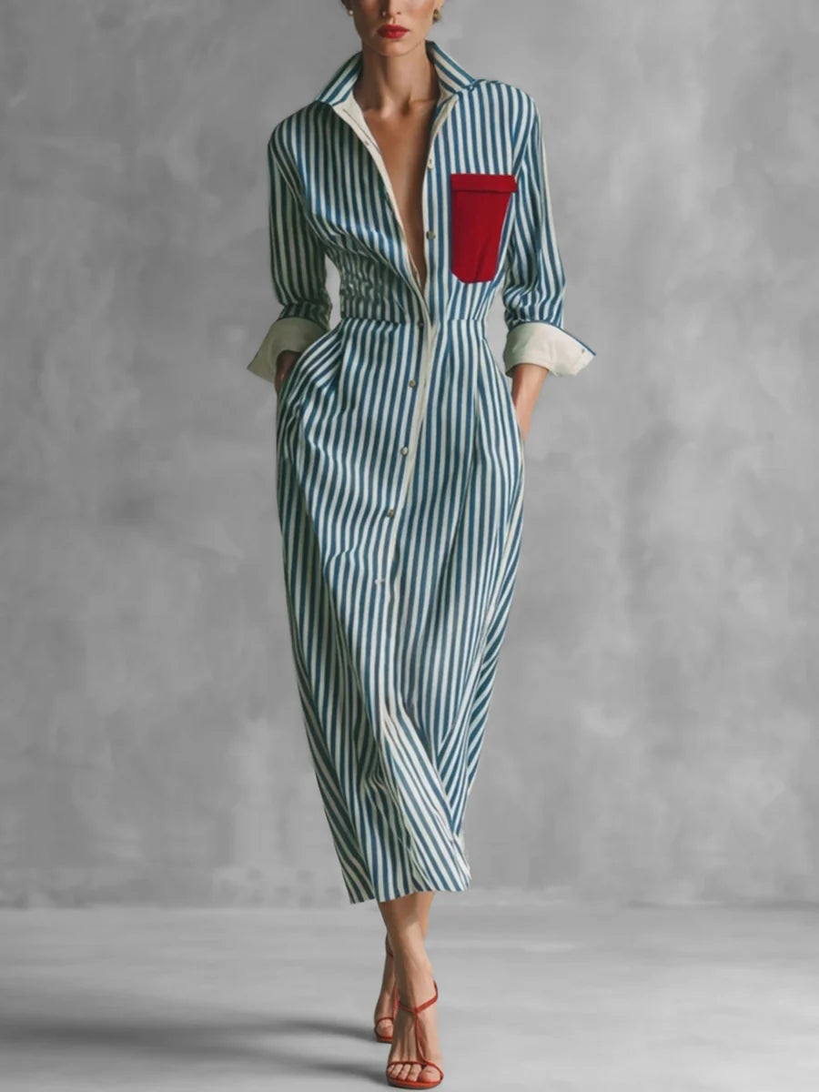 VESTIDO MIDI CAMISEIRO ÀS RISCAS COM BOLSOS, CINTURA ALTA E GOLA DE LAPELA