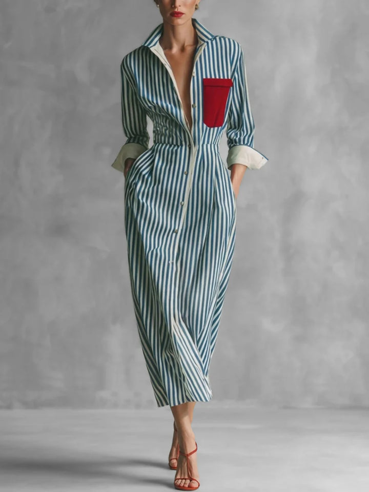 VESTIDO MIDI CAMISEIRO ÀS RISCAS COM BOLSOS, CINTURA ALTA E GOLA DE LAPELA