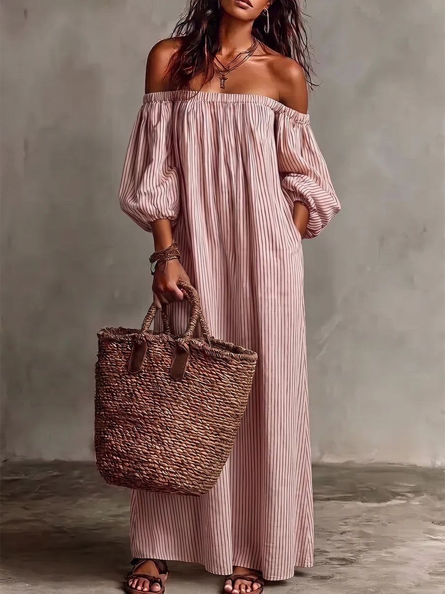 Vestido Midi Plus Size Hombros Descubiertos A Rayas